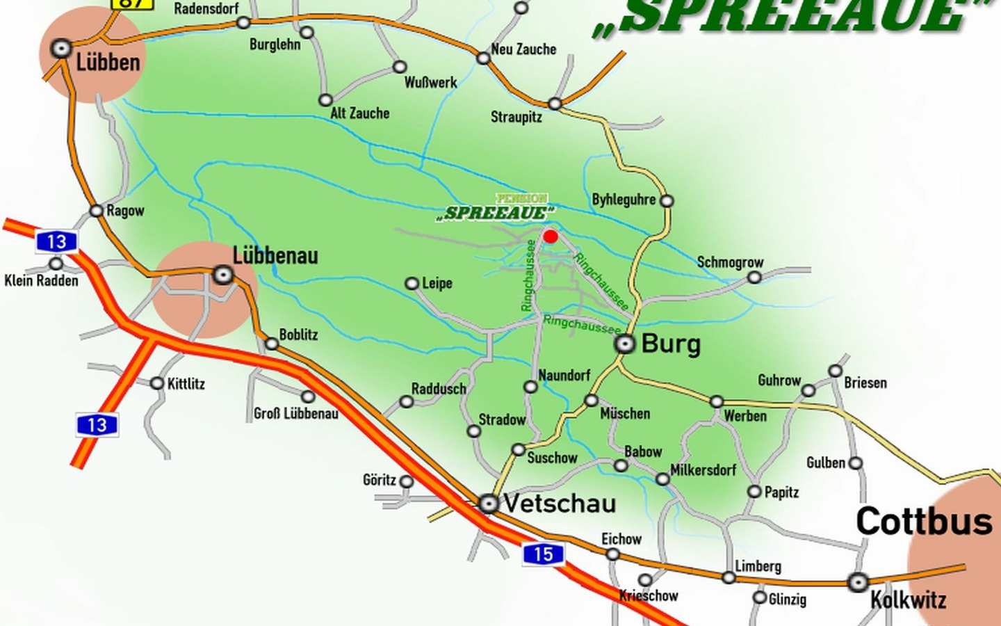 Spreewaldkarte Pension Spreeaue Burg, Foto: Pension Spreeaue, Lizenz: Amt Burg (Spreewald)